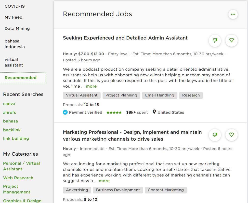 upwork recommended jobs