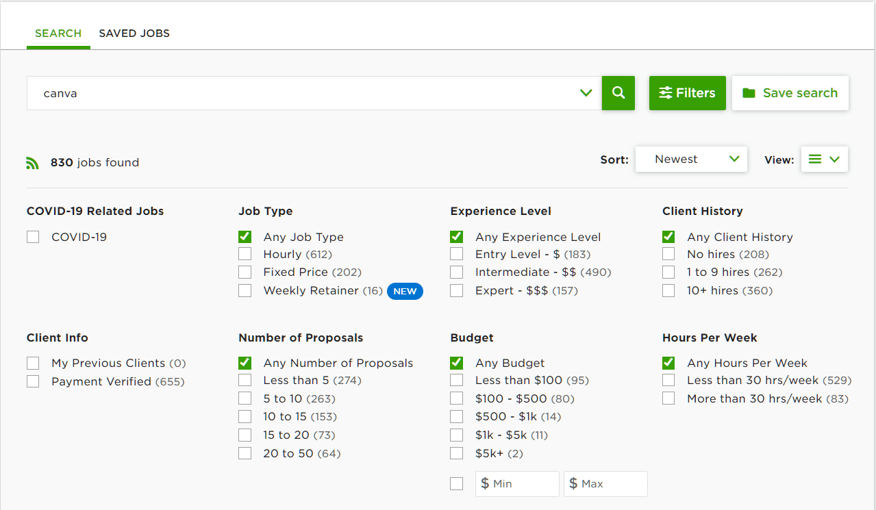 upwork search filters